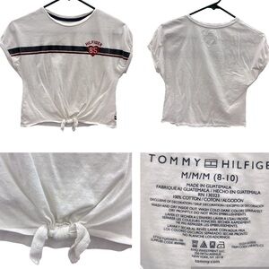 Tommy Hilfiger White Chest Heart Stripe Cuffed Tie Front Crew Neck Tee Girls M